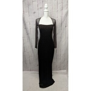 Tadashi Vtg Evening Gown Brown‎ stretchy velour beaded sheath dress Square Neck